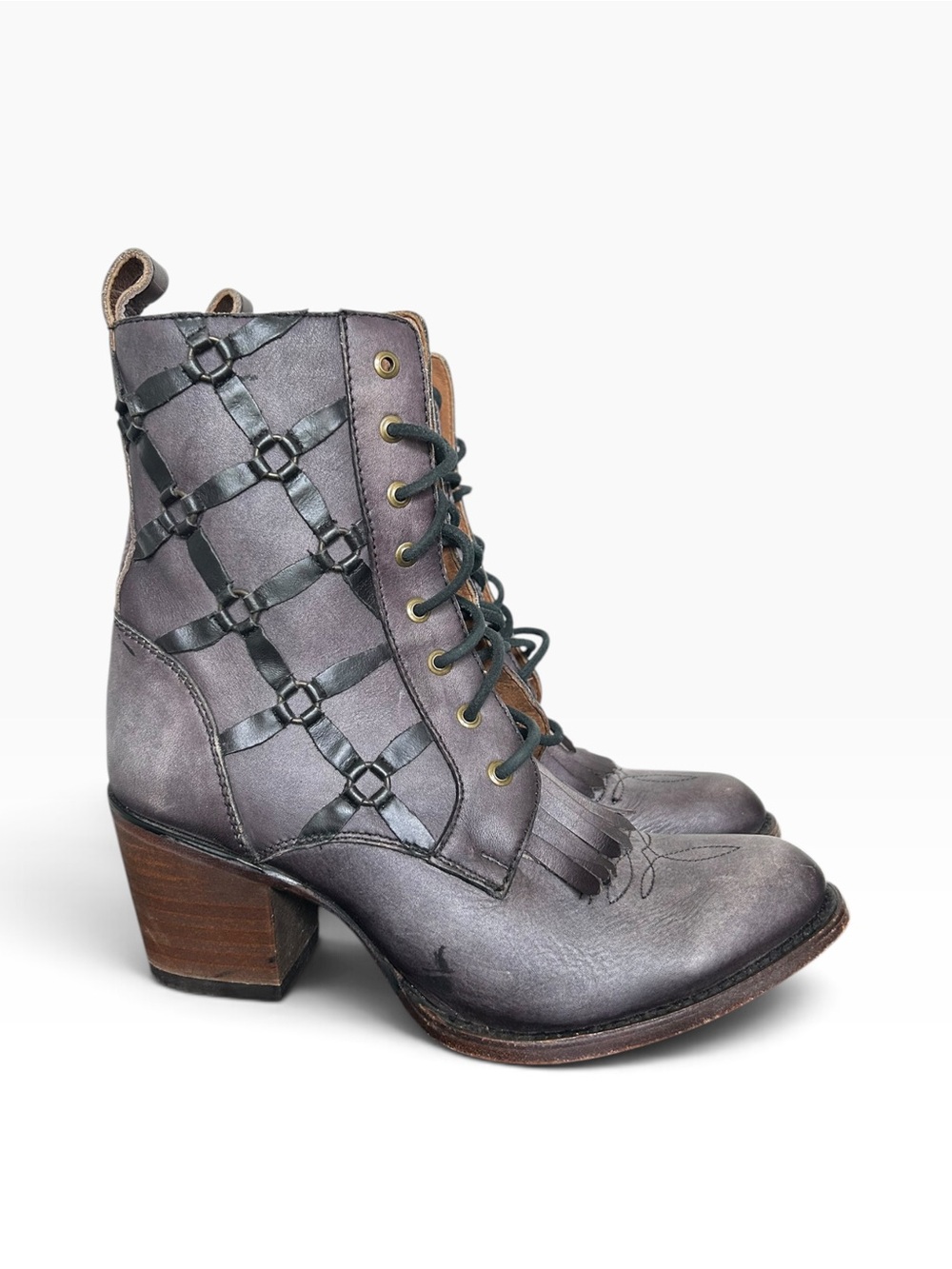Corral Grey Distressed Fringe Kiltie Lace up Heeled Boot Size 7